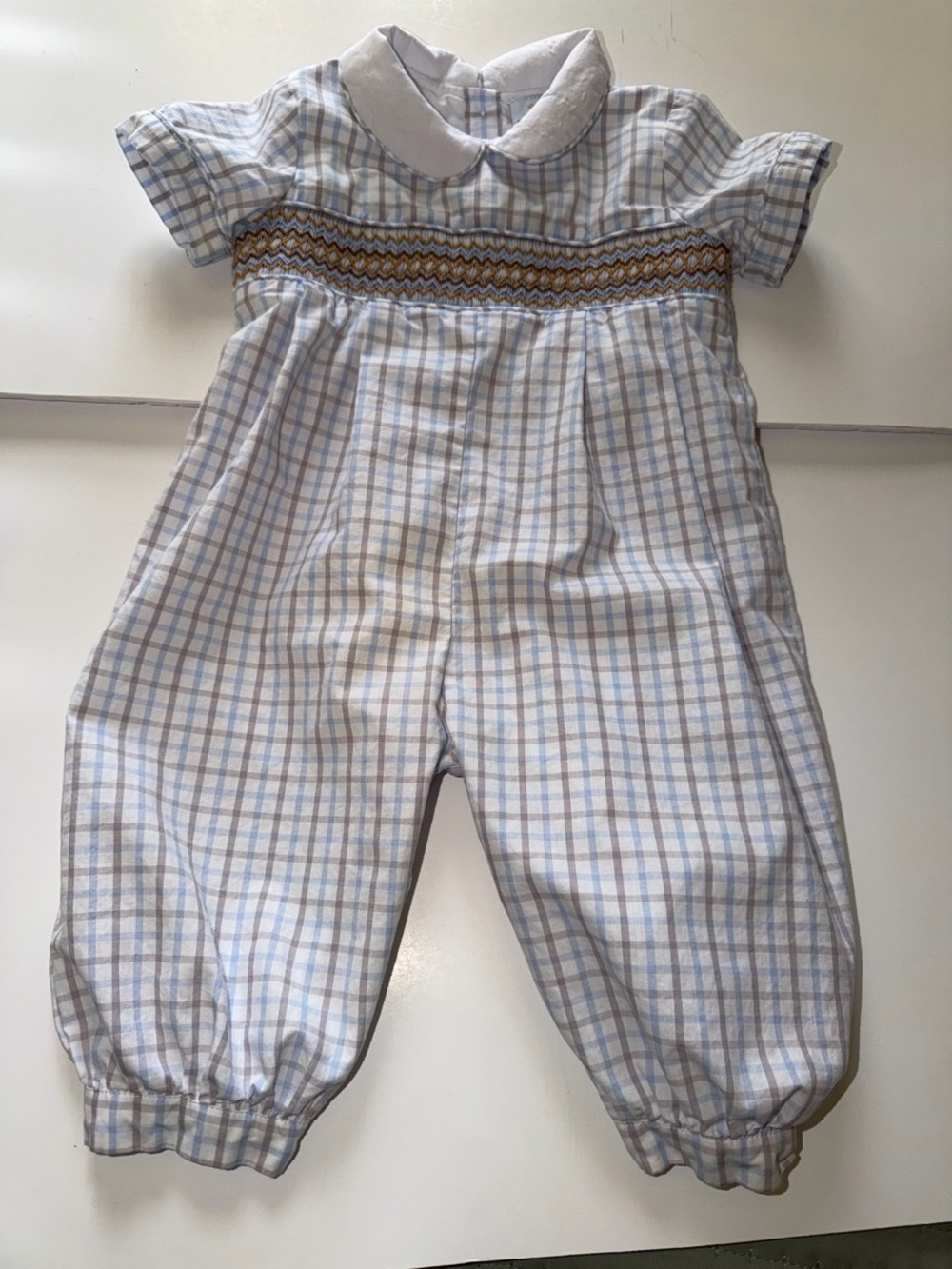 Busy Bees Smocked 12M Brand Gingham Blue White girls knit romper